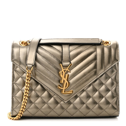 Saint Laurent Metallic Grain De Poudre Textured Mixed Matelasse Triquilt Medium Monogram Satchel Gold 1 of 16