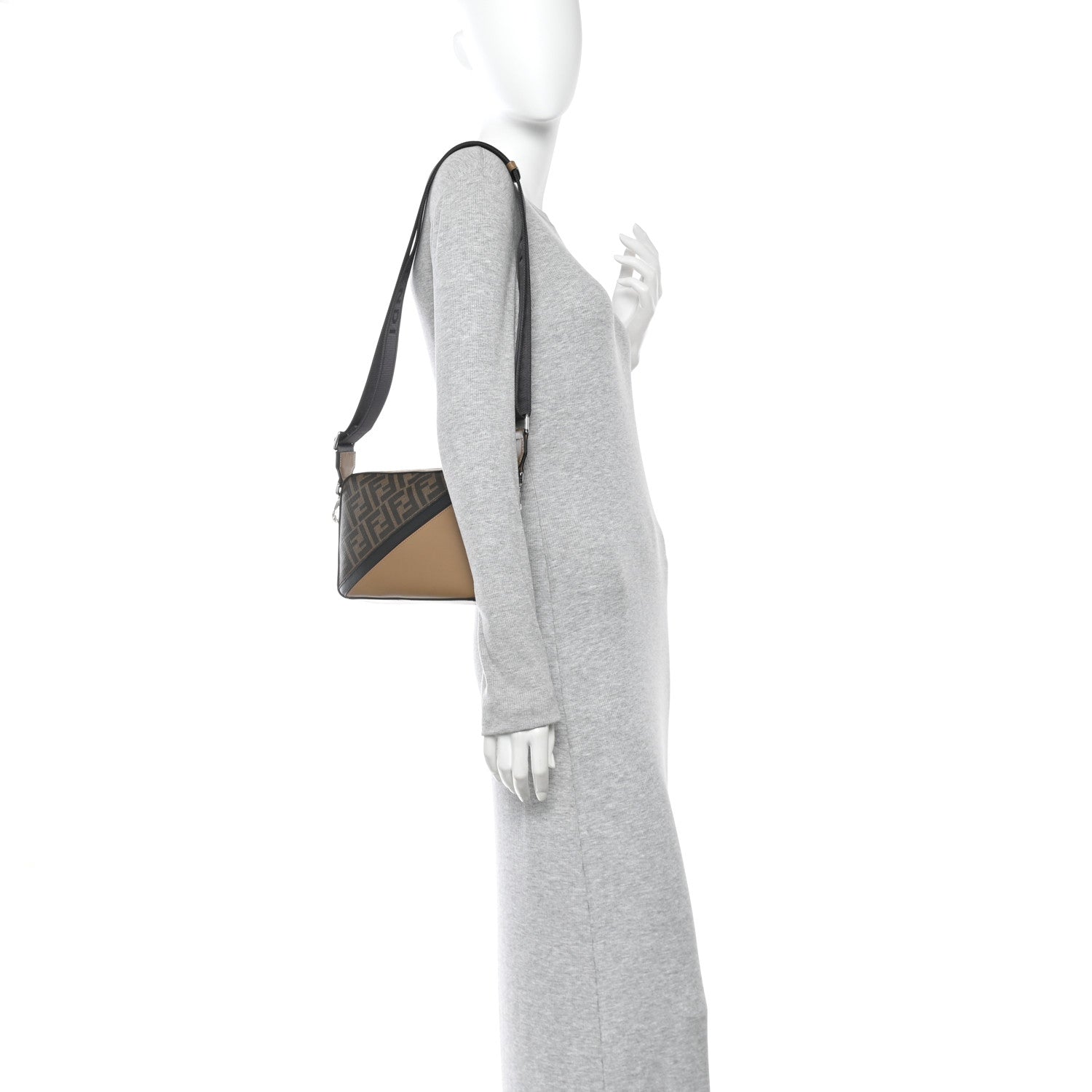 Fendi Glazed Fabric Vitello Cover FF 1974 Diagonal Bi-Color Medium Camera Case Tobacco Moro Sand Black 2 of 10