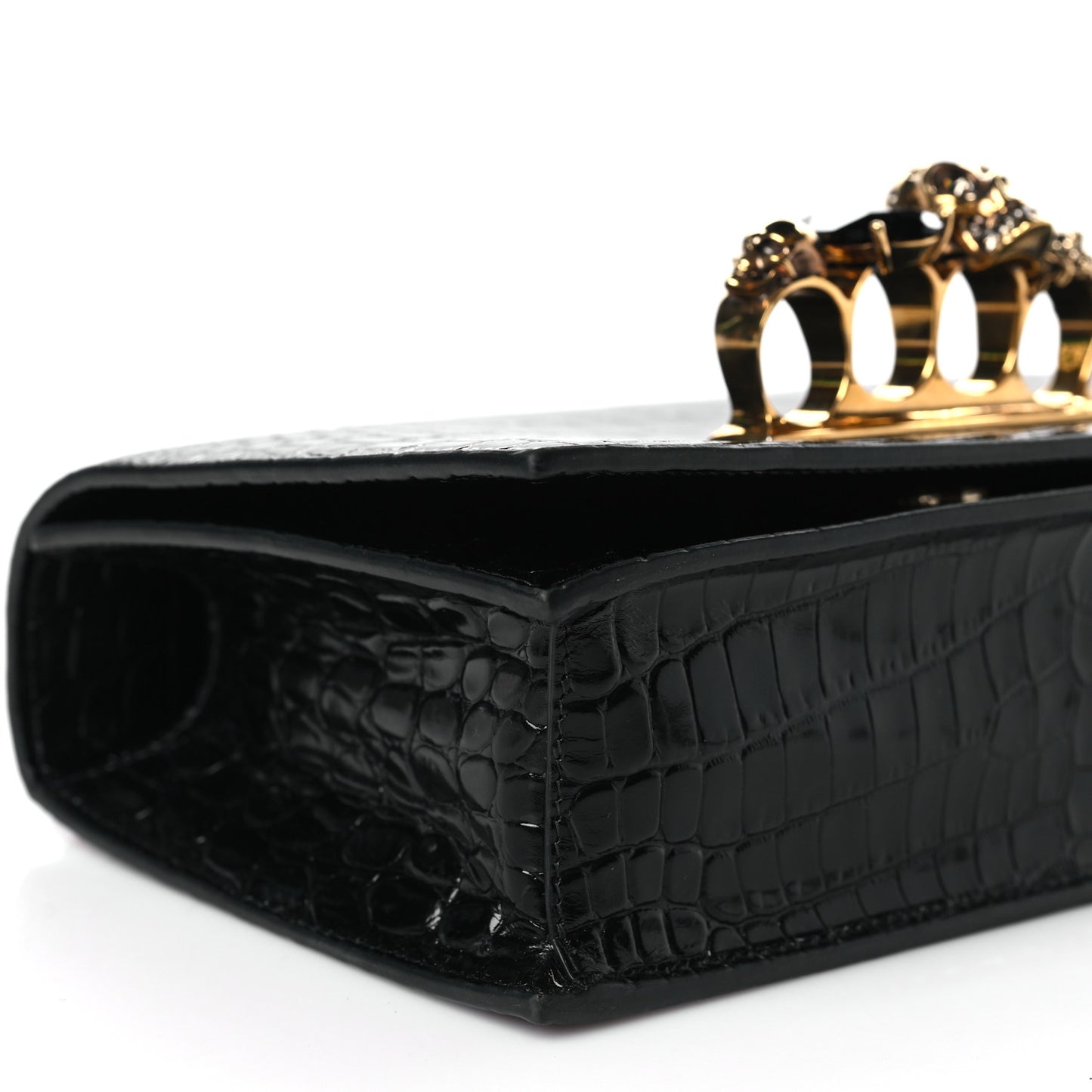 Shiny Calfskin Crocodile Embossed Knuckle Jeweled Crossbody Black