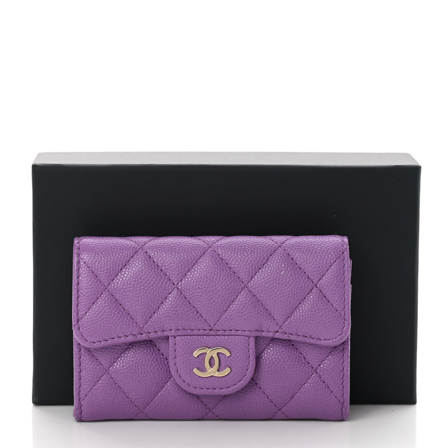 Caviar Quilted Flap Card Holder Wallet Purple