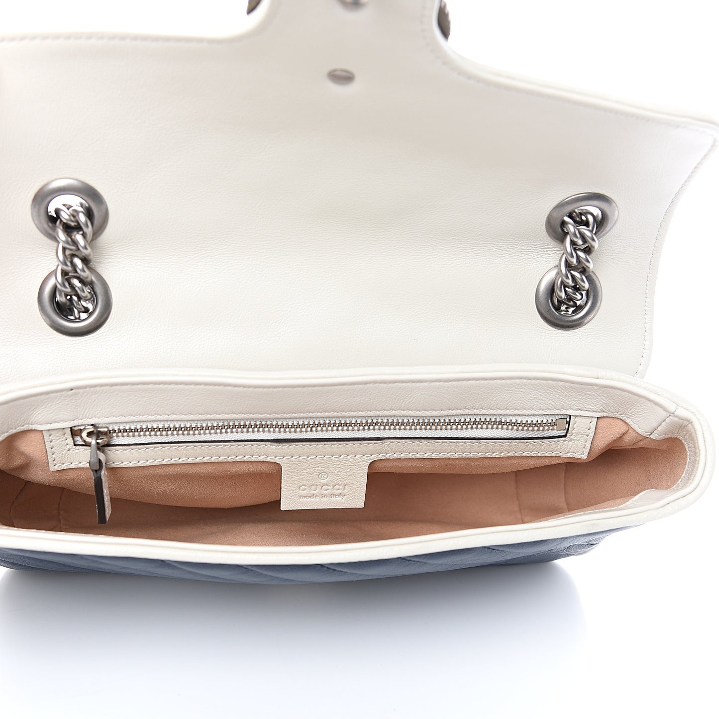 Vintage Effect Calfskin Matelasse Diagonal Small Torchon GG Marmont Shoulder Bag Blue Agata Mystic White