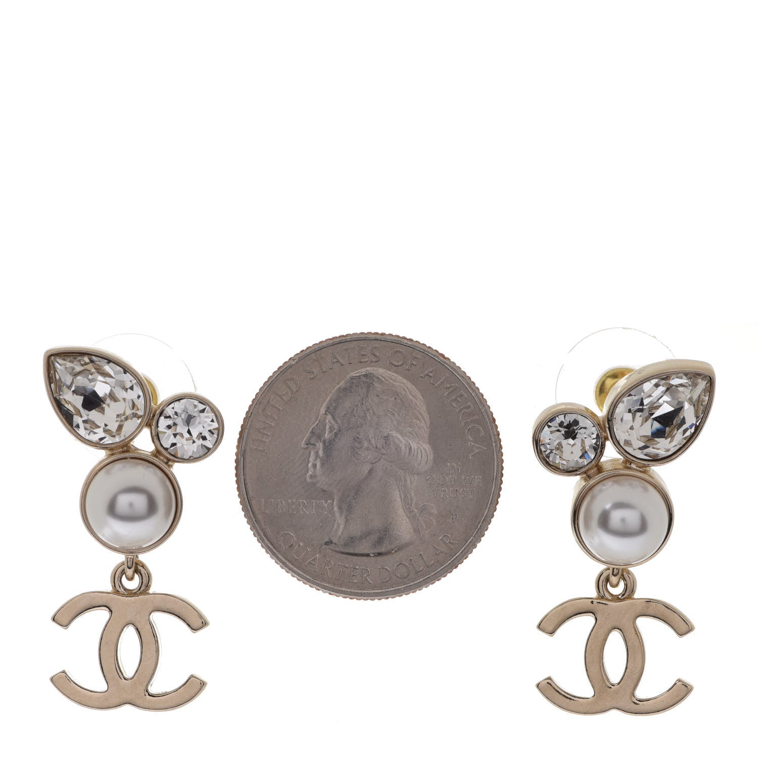 Chanel Pearl Crystal CC Drop Earrings Gold 2 of 5