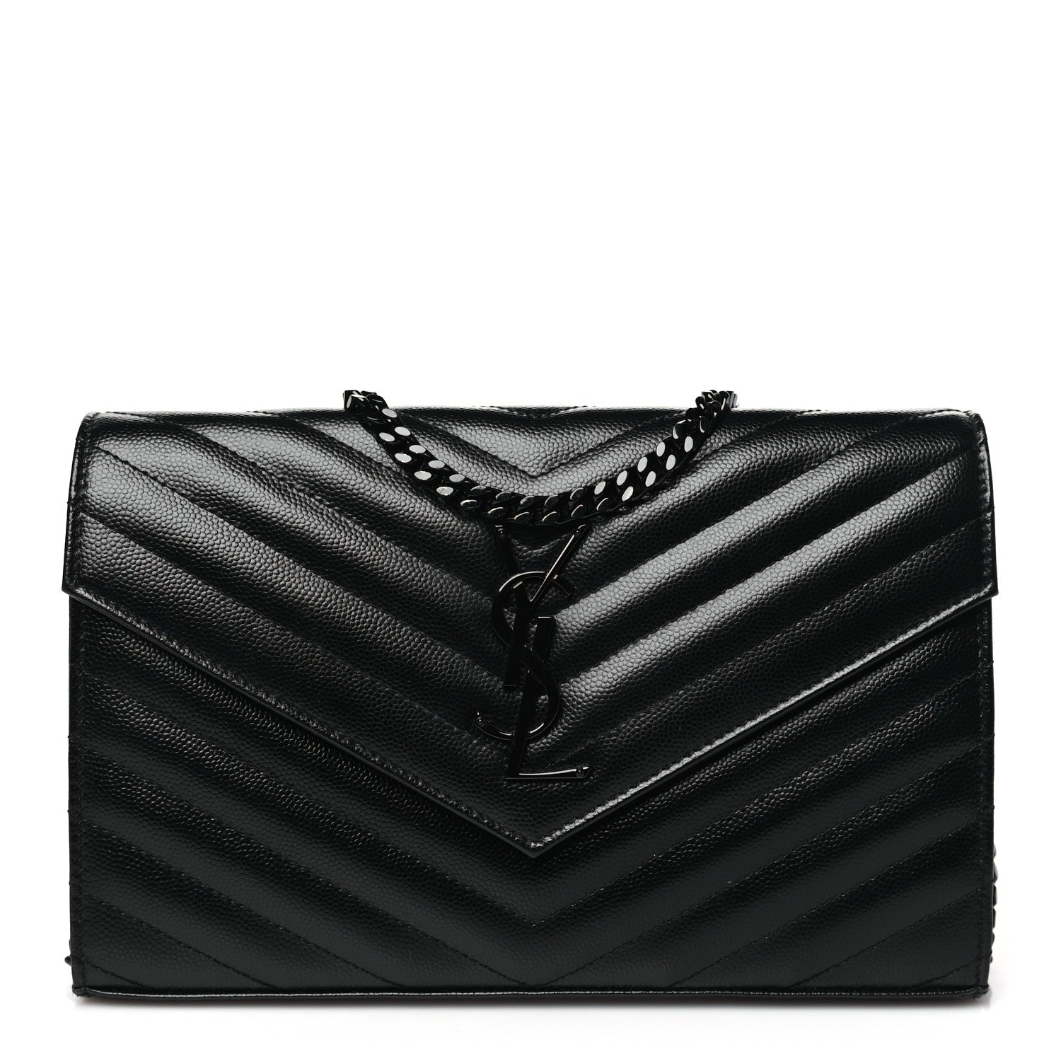 Saint Laurent Grain De Poudre Matelasse Chevron Monogram Monochrome Chain Wallet Black 1 of 10