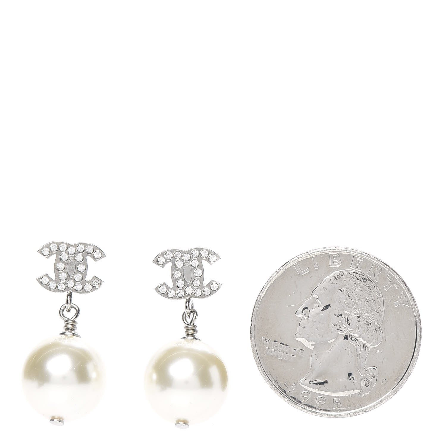 Chanel Crystal Pearl CC Drop Earrings Silver 2 of 4