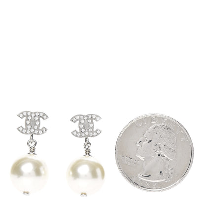 Chanel Crystal Pearl CC Drop Earrings Silver 2 of 4