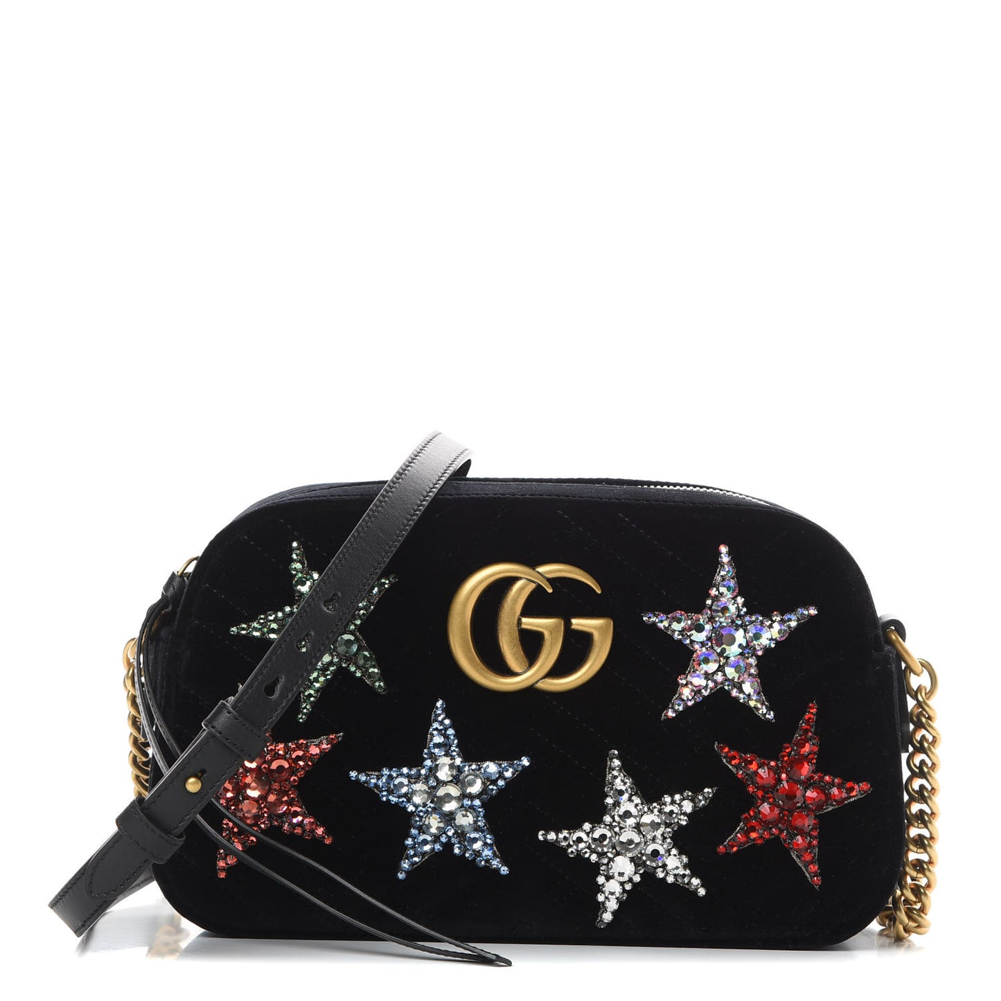 Velvet Matelasse Crystal Star Embroidered Small GG Marmont Chain Shoulder Bag Black