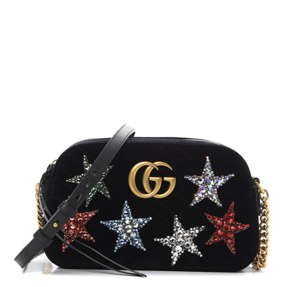 Gucci Velvet Matelasse Crystal Star Embroidered Small GG Marmont Chain Shoulder Bag Black 1 of 11