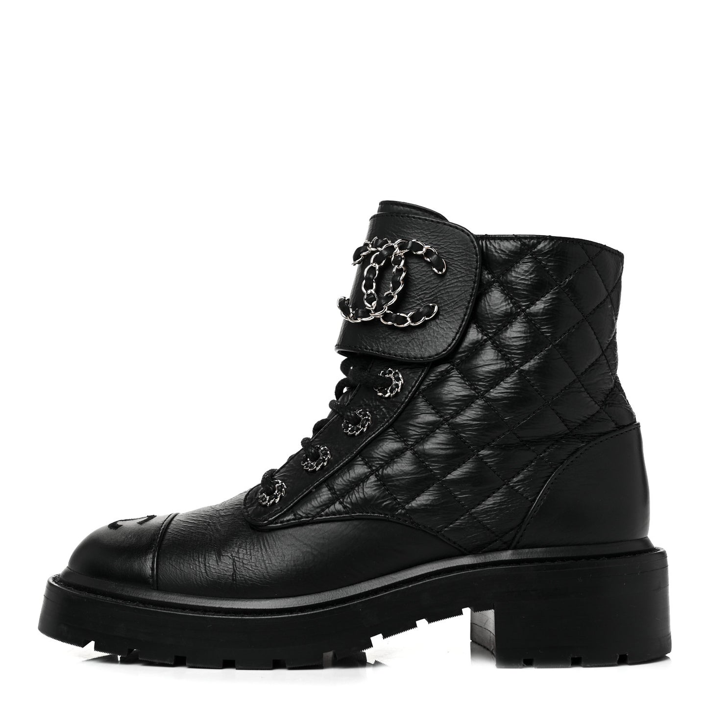 Shiny Goatskin Calfskin Quilted Lace Up Combat Boots 37 Black