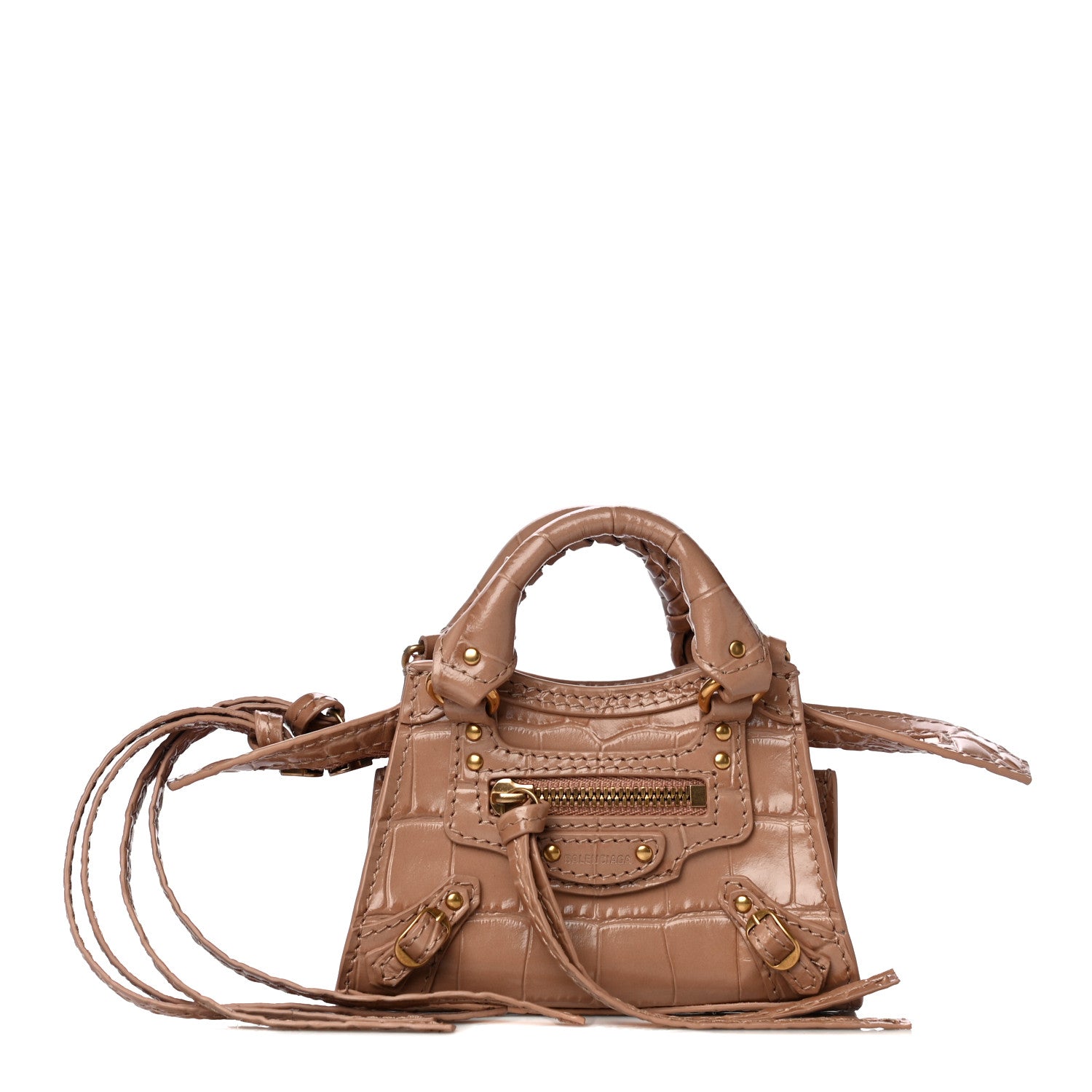 Balenciaga Shiny Supple Calfskin Crocodile Embossed Neo Classic Gold Hardware Super Nano City Crossbody Nude Beige 1 of 8