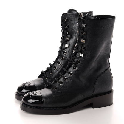 Chanel Iridescent Calfskin Lace Up Combat Boots 38 Black 3 of 9