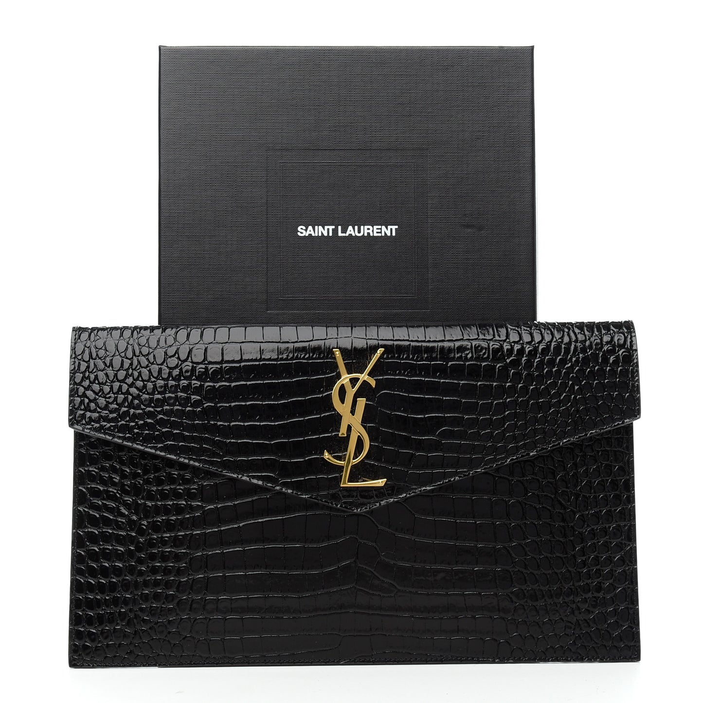 Calfskin Crocodile Embossed Uptown Monogram Clutch Black