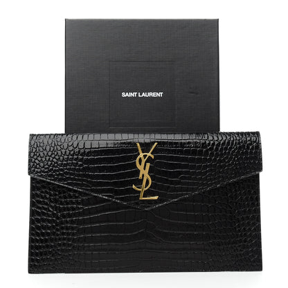Saint Laurent Calfskin Crocodile Embossed Uptown Monogram Clutch Black 7 of 7