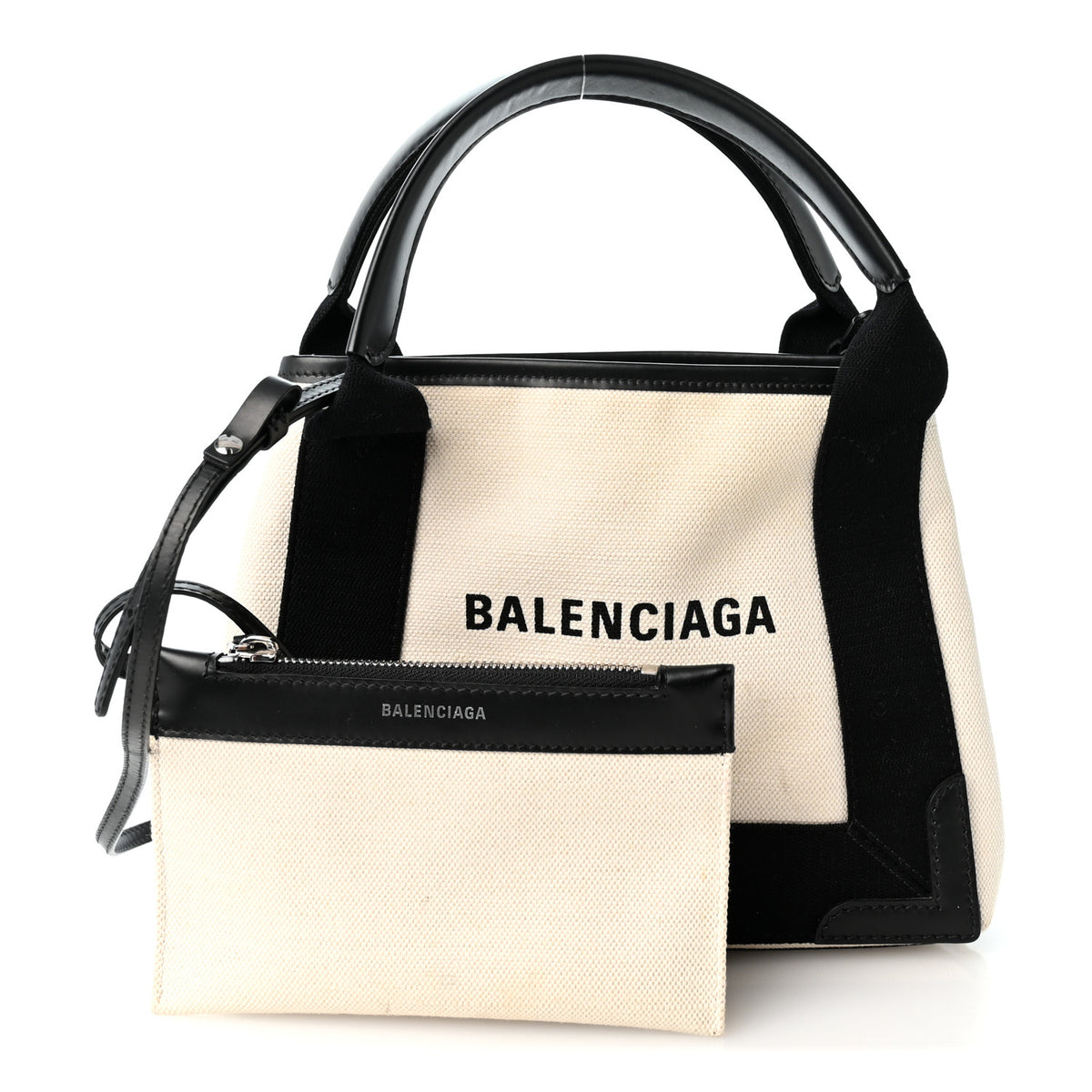 Balenciaga Cotton Canvas Satin Calfskin S Navy Cabas Natural Black 2 of 11
