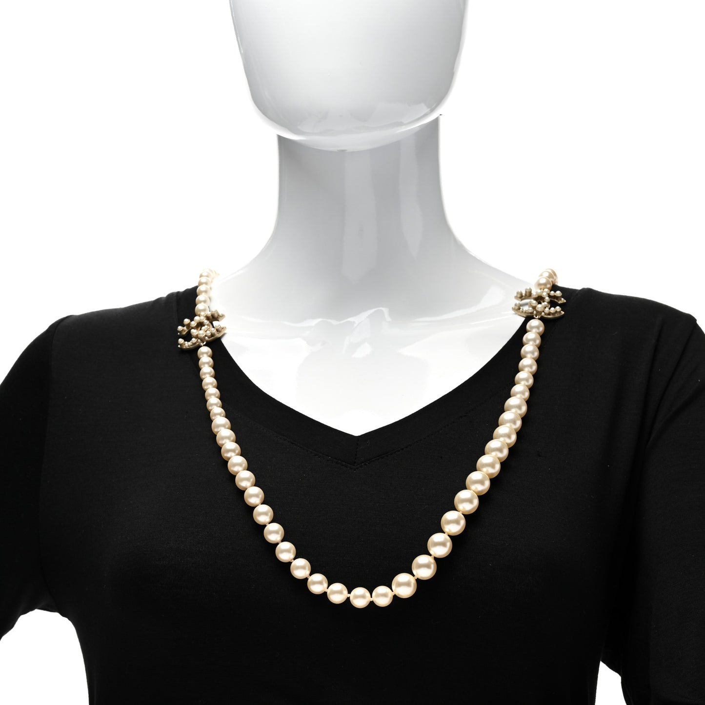 Crystal Pearl CC Long Necklace Silver