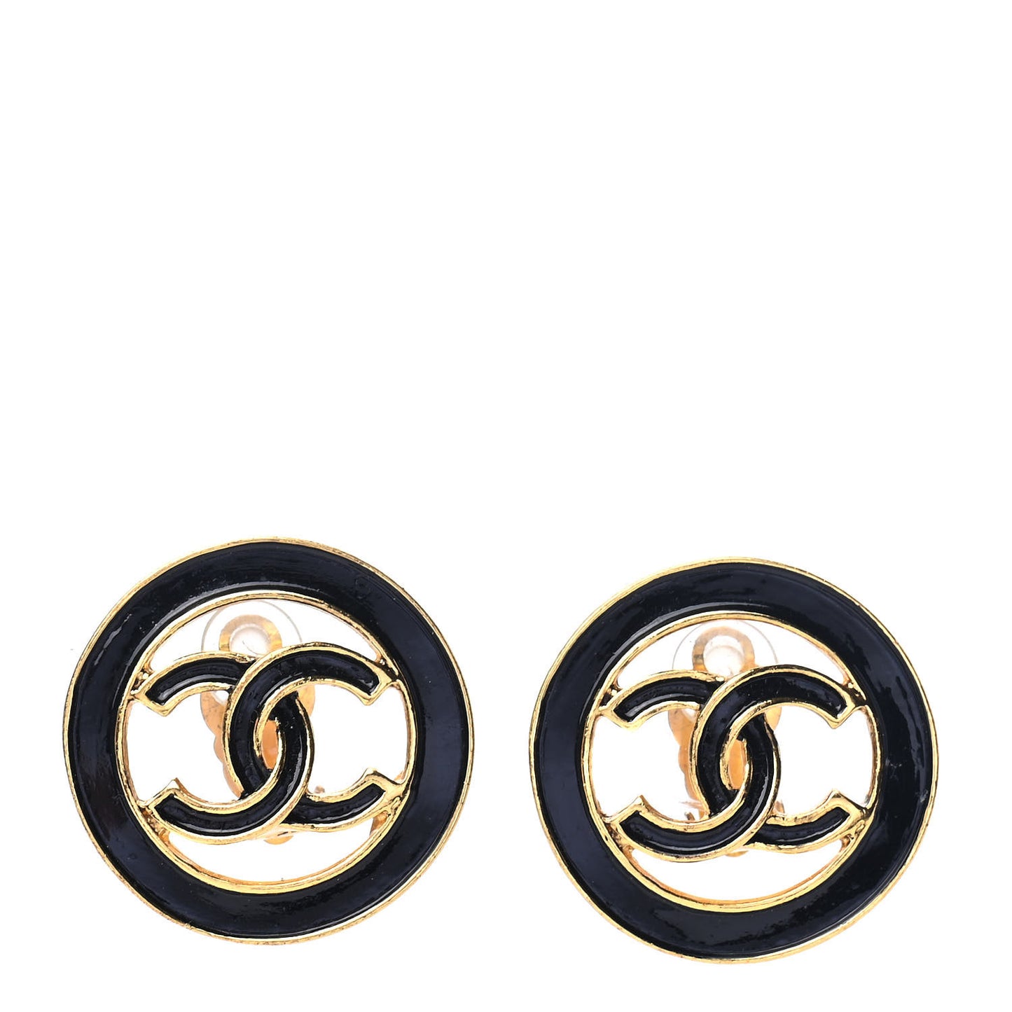 Enamel CC Clip On Earrings Black Gold