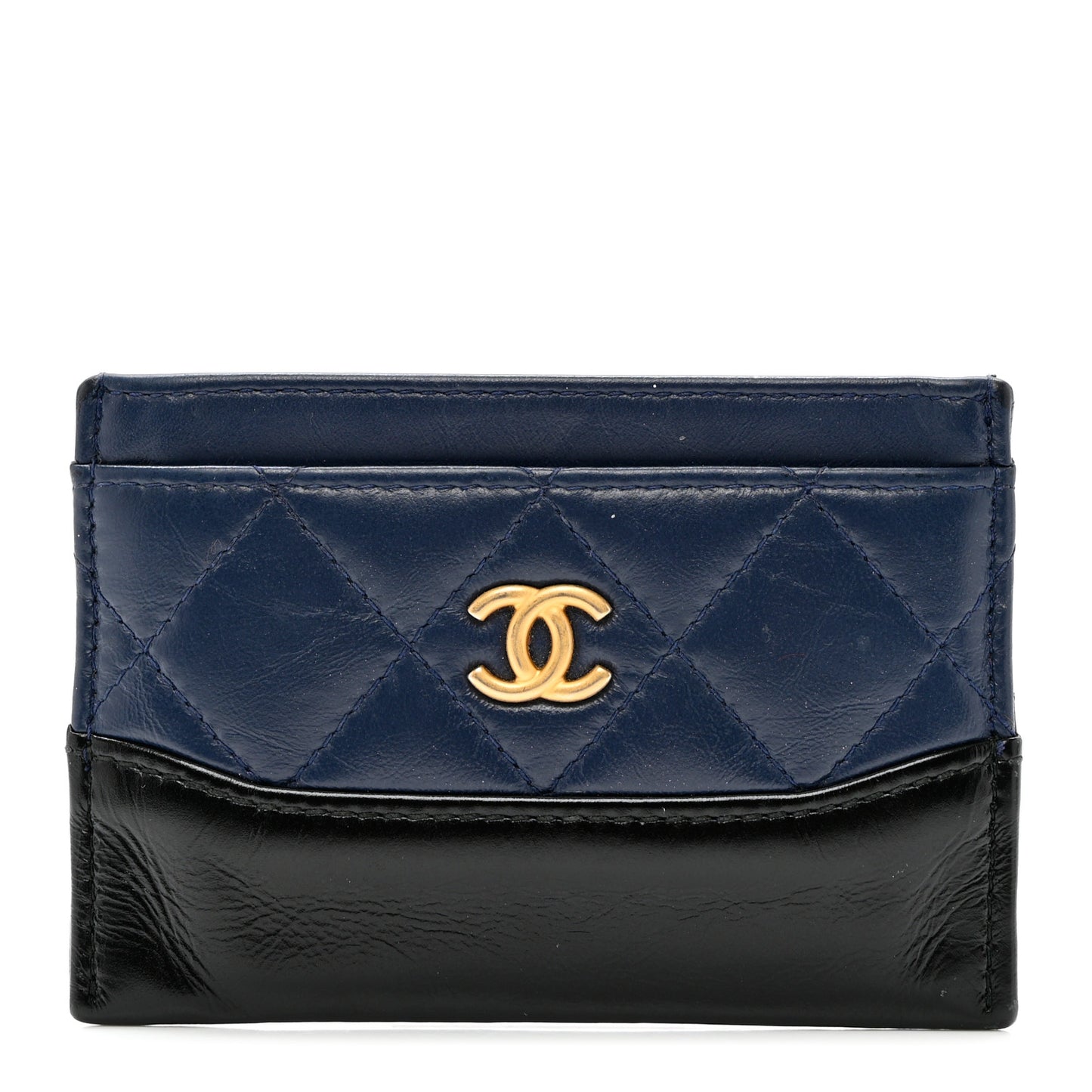 Aged Calfskin Quilted Gabrielle Card Holder Wallet Navy Black