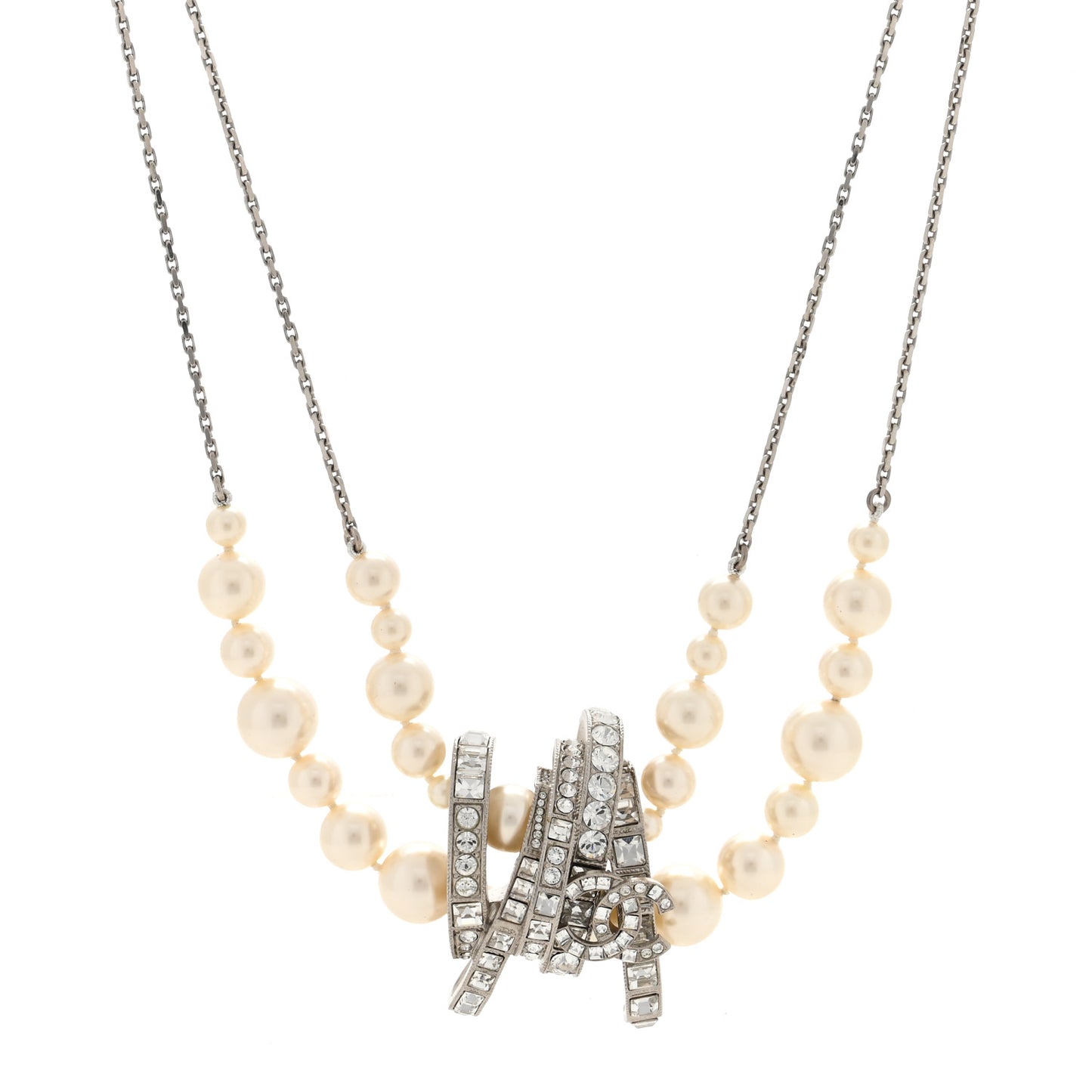 Graduated Pearl Crystal CC Long Necklace Silver