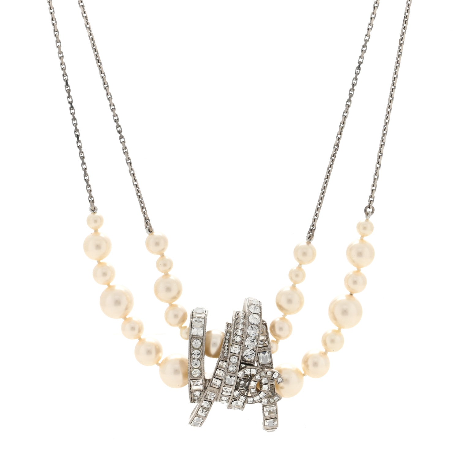 Chanel Graduated Pearl Crystal CC Long Necklace Silver 1 of 5