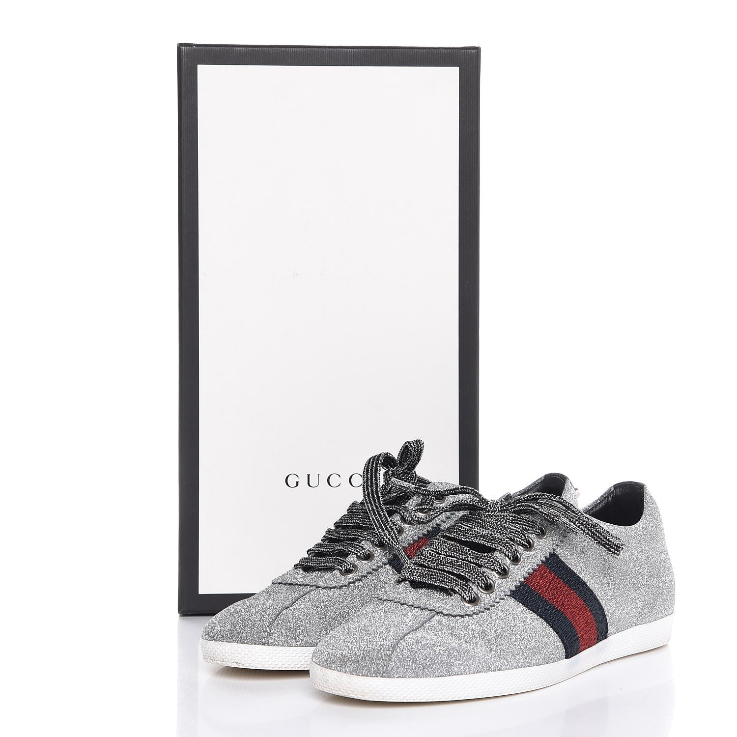 Gucci Glitter Fabric Studded Web Sneakers 36.5 Silver 10 of 10