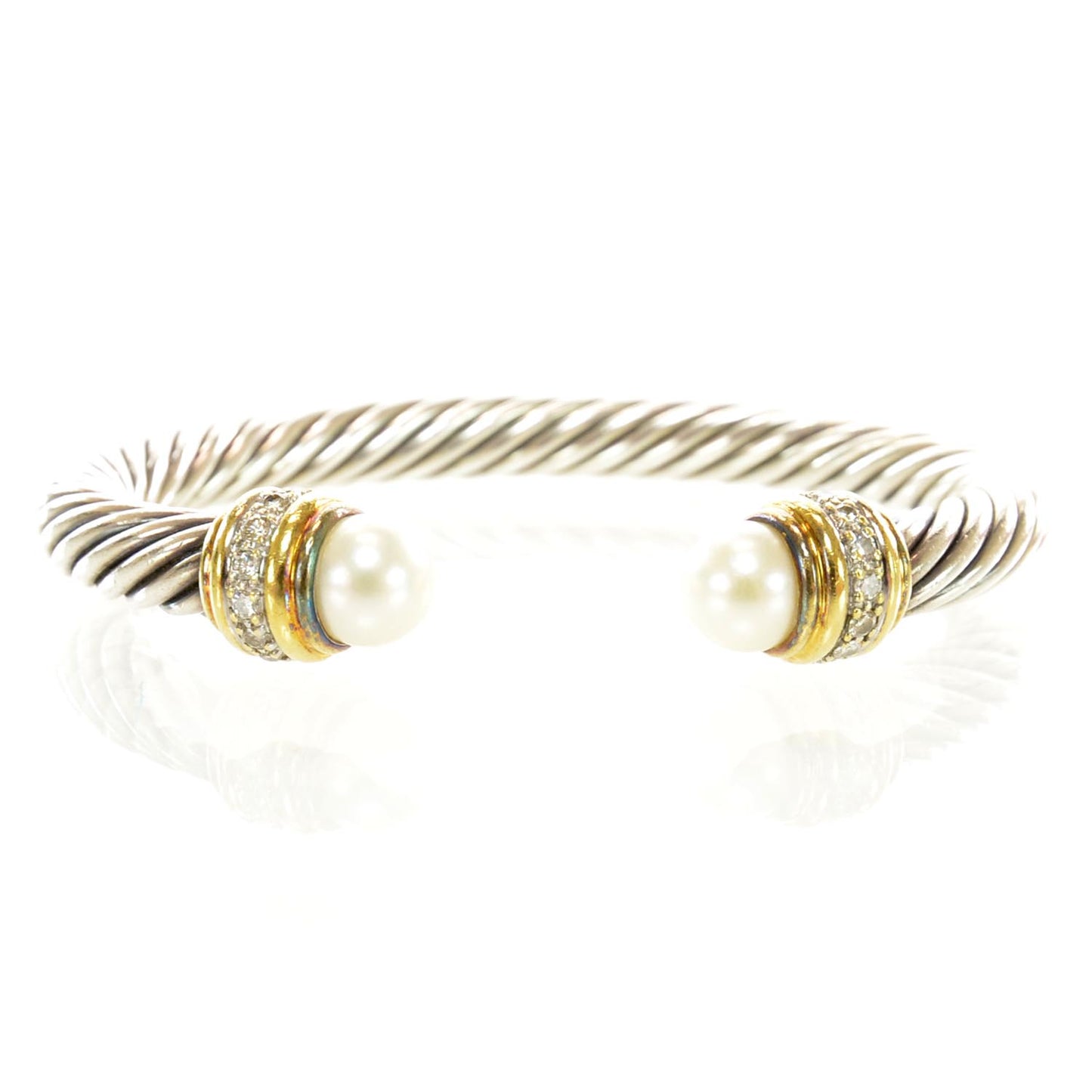 Sterling Silver and 18k Gold Diamond Pearl Cable Cuff