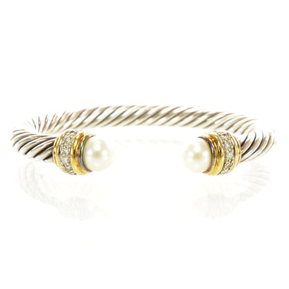 David Yurman Sterling Silver and 18k Gold Diamond Pearl Cable Cuff 1 of 6