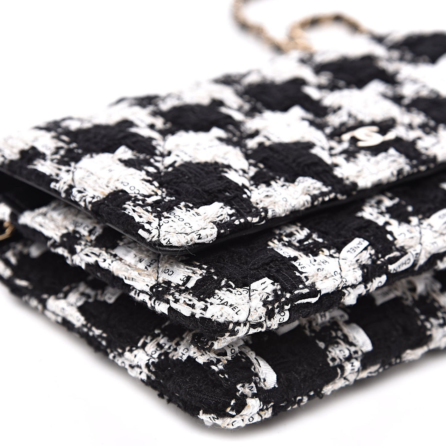 Tweed Quilted Wallet On Chain WOC Black Ecru White