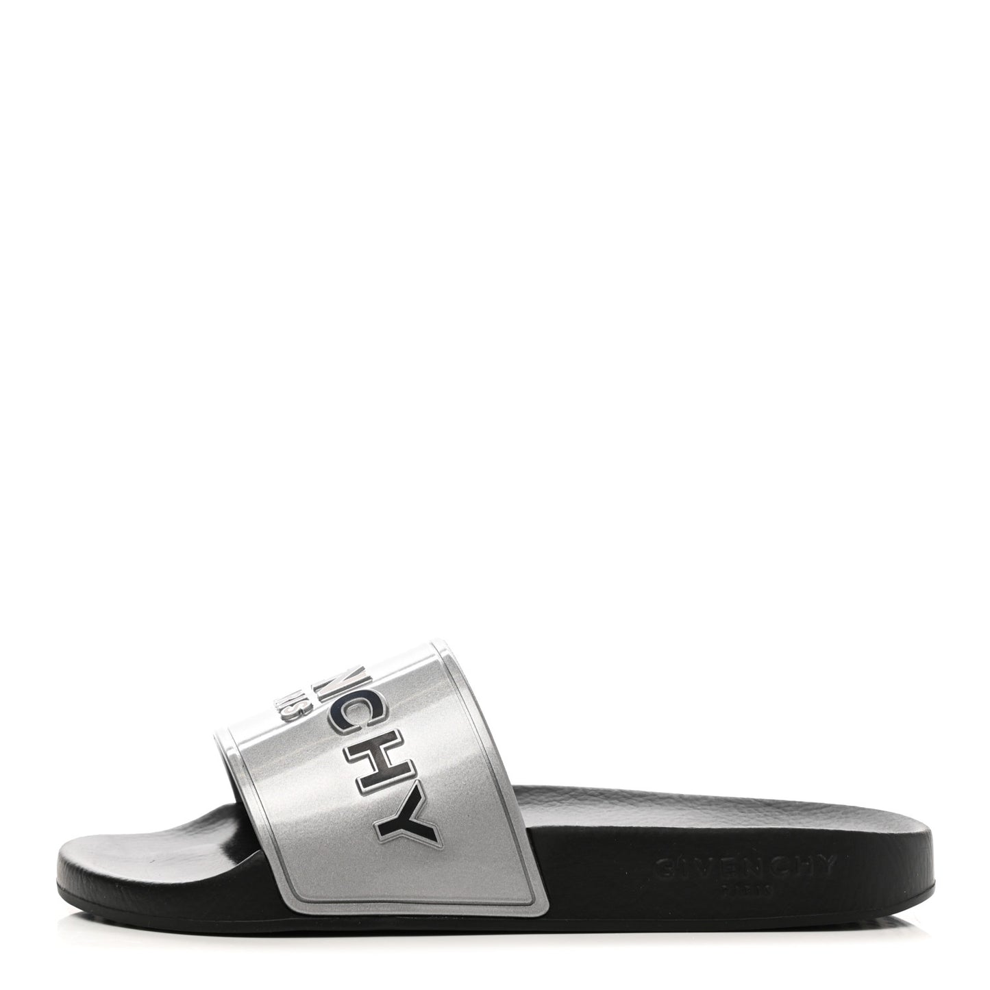 Metallic Rubber Logo Womens Pool Slide Sandals 35 Silver