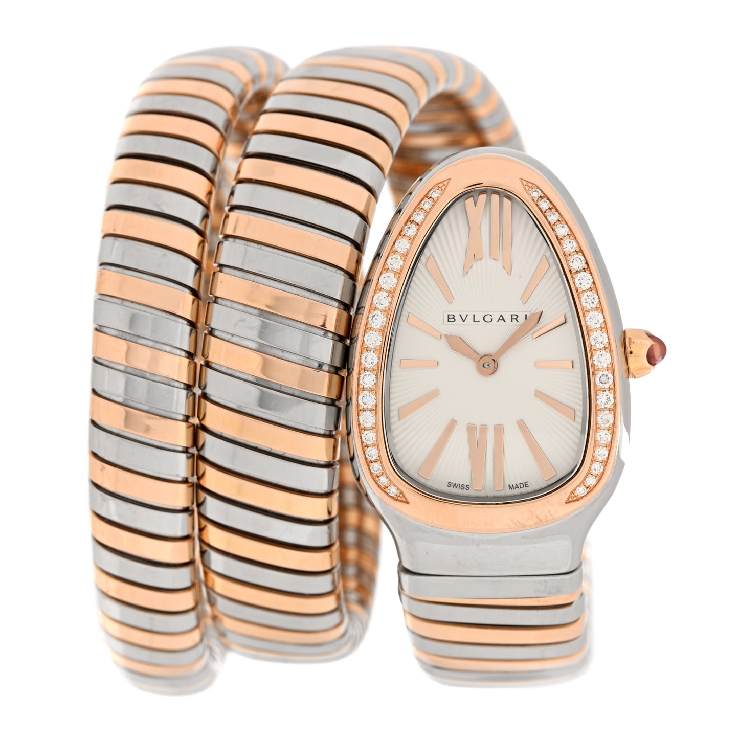 Stainless Steel 18K Rose Gold Diamond Bezel 35mm Serpenti Tubogas Double Spiral Quartz Watch