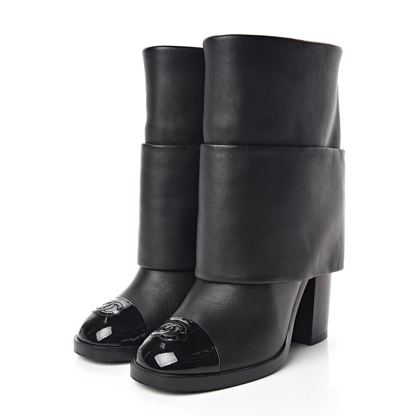 Calfskin CC Cap Toe Fold Over Boots 36.5 Black