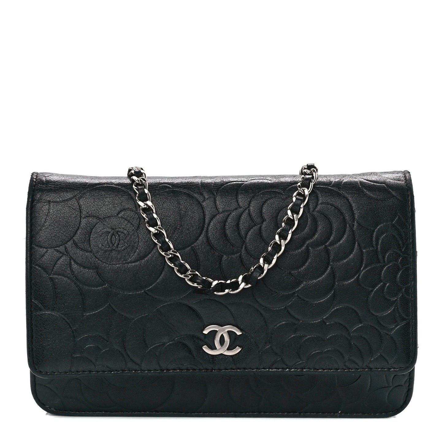 Lambskin Camellia Embossed Wallet on Chain WOC Black