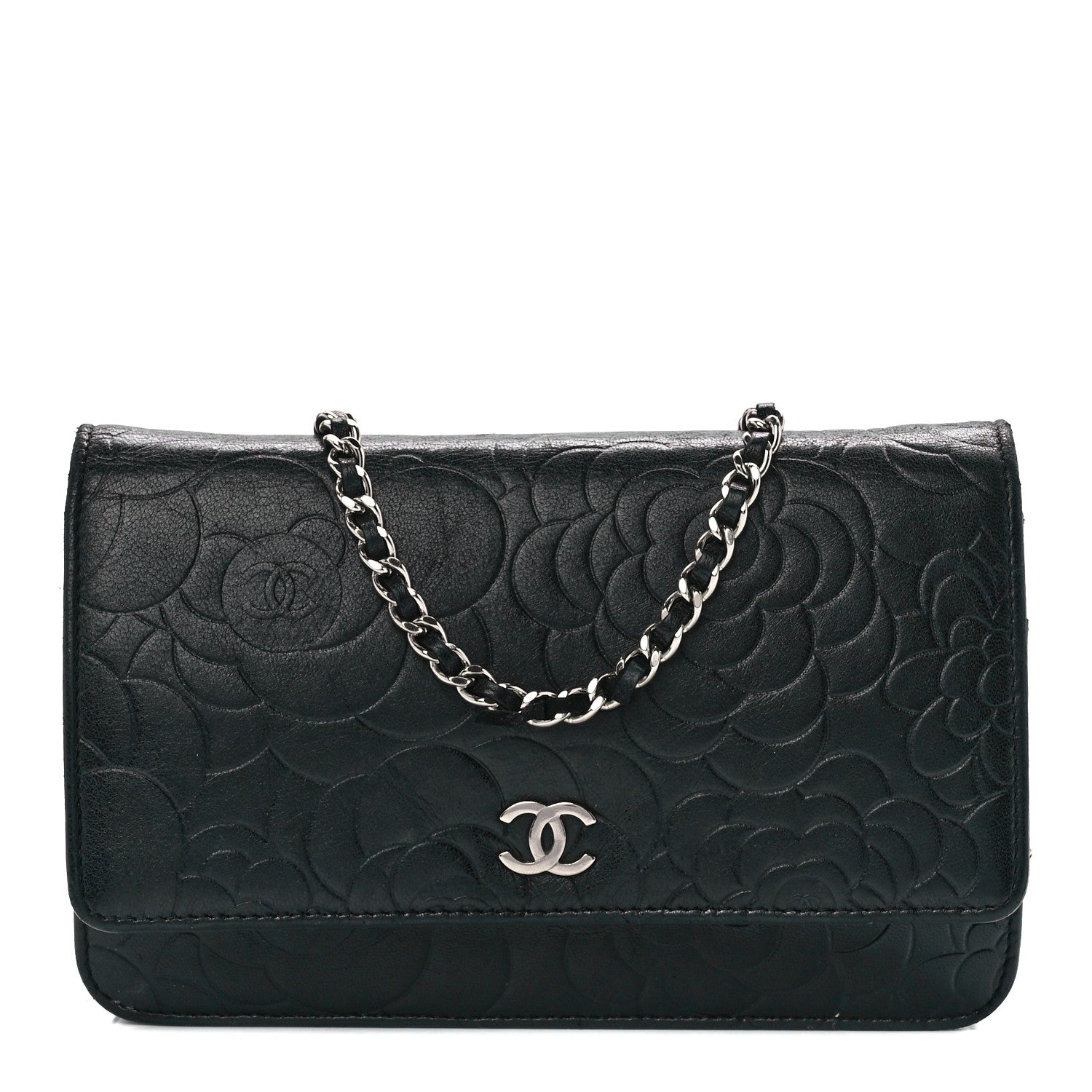 Chanel Lambskin Camellia Embossed Wallet on Chain WOC Black 1 of 10