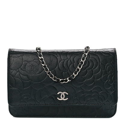 Chanel Lambskin Camellia Embossed Wallet on Chain WOC Black 1 of 10