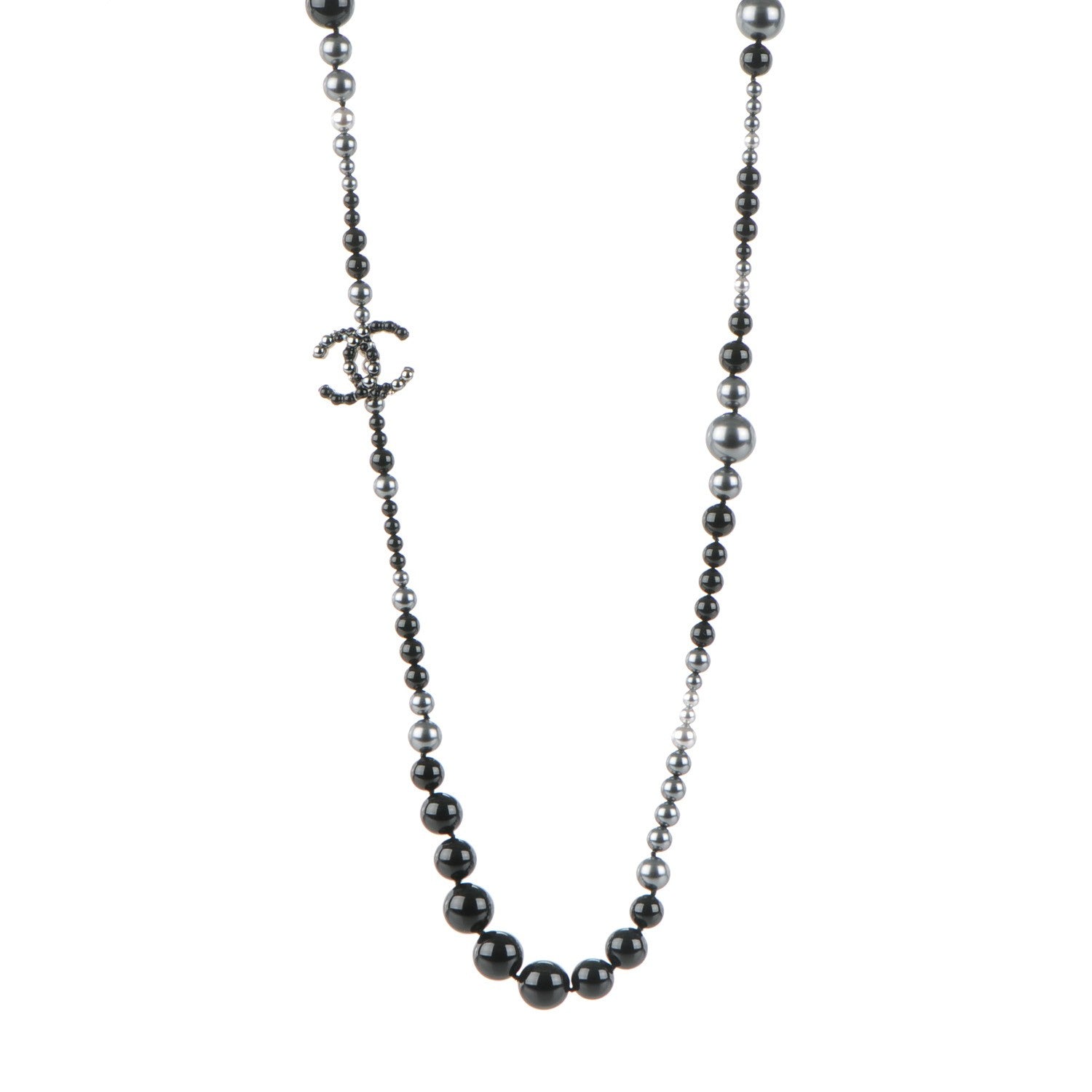 Chanel Ruthenium Graduated Bead CC Long Necklace Black Grey 1 of 5