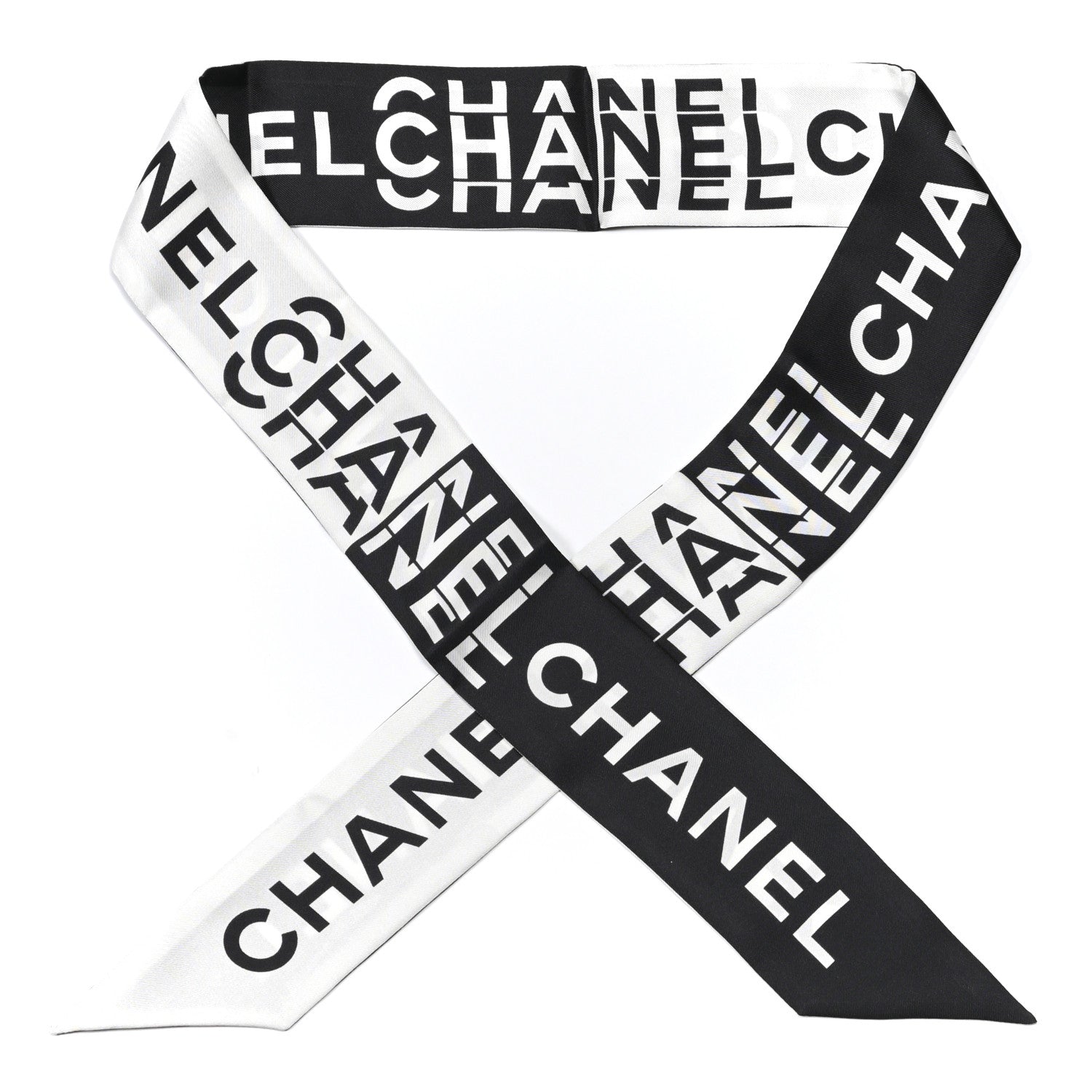 Chanel Silk Logo Slim Bandeau Scarf Black White 1 of 4