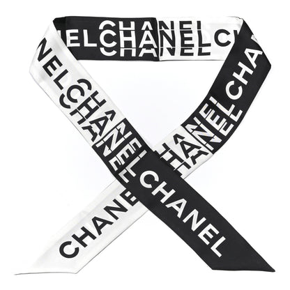 Chanel Silk Logo Slim Bandeau Scarf Black White 1 of 4