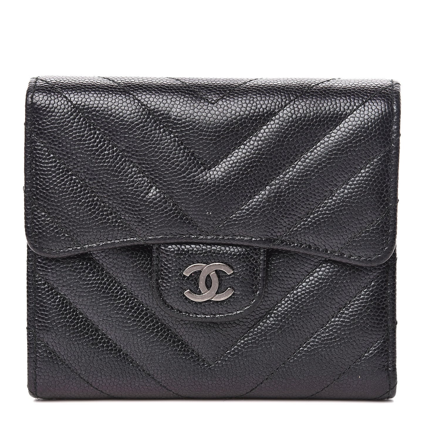 Iridescent Caviar Chevron Quilted Compact Flap Wallet Black