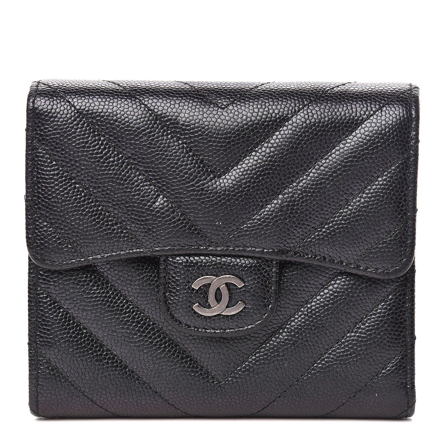 Chanel Iridescent Caviar Chevron Quilted Compact Flap Wallet Black 1 of 10