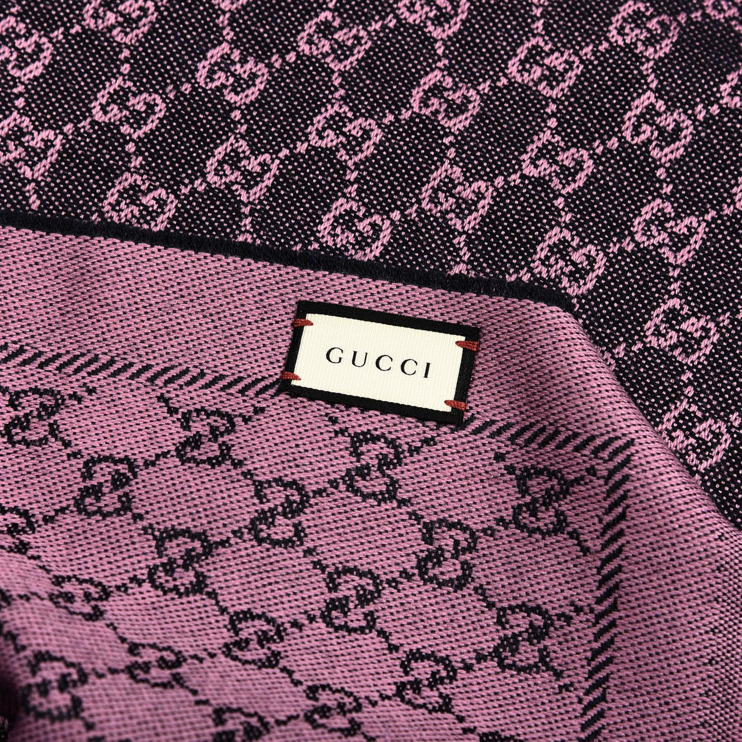 Wool GG Monogram Reversible New Sten Fringe Scarf Midnight Blue Pink