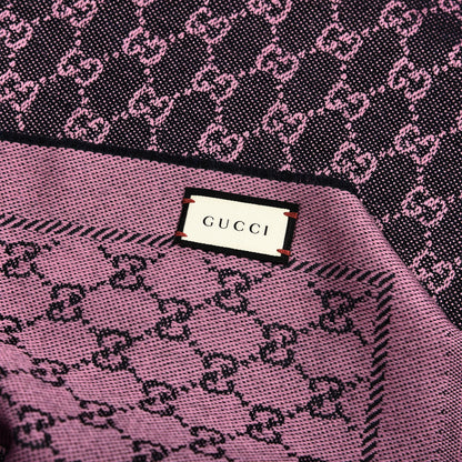 Gucci Wool GG Monogram Reversible New Sten Fringe Scarf Midnight Blue Pink 3 of 3