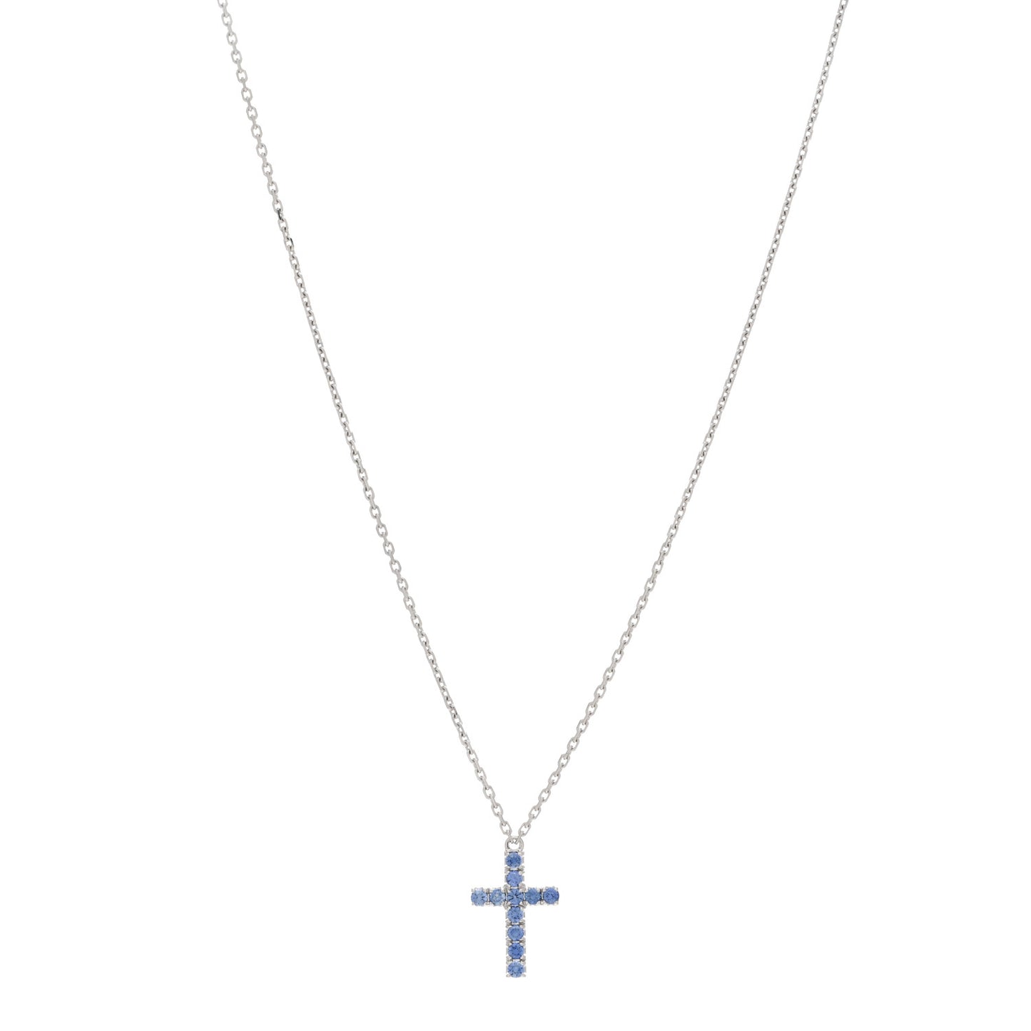 18K White Gold Blue Sapphire Symbols Cross Pendant Necklace