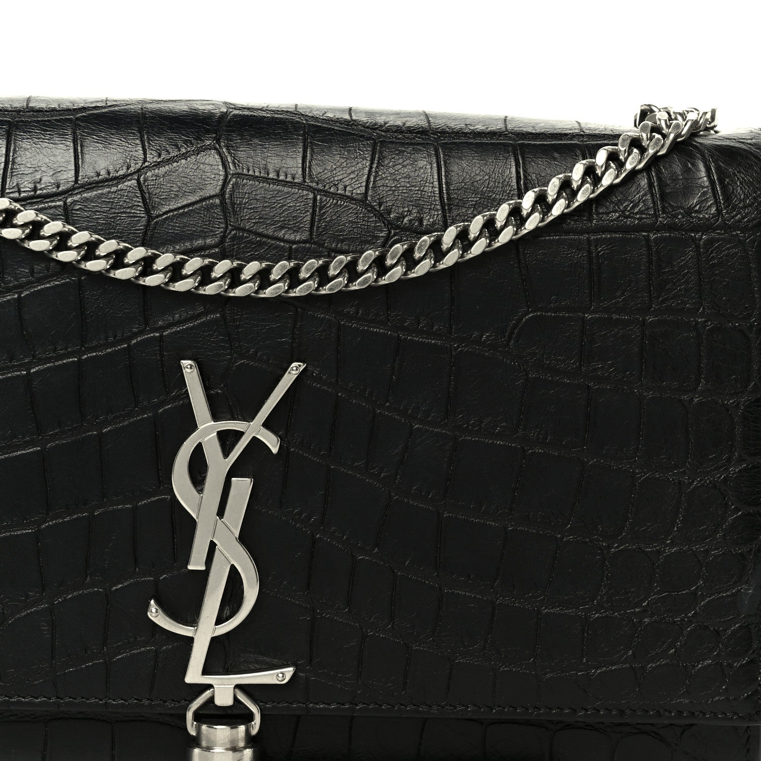 Saint Laurent Calfskin Crocodile Embossed Medium Classic Monogram Kate Tassel Satchel Black 9 of 12
