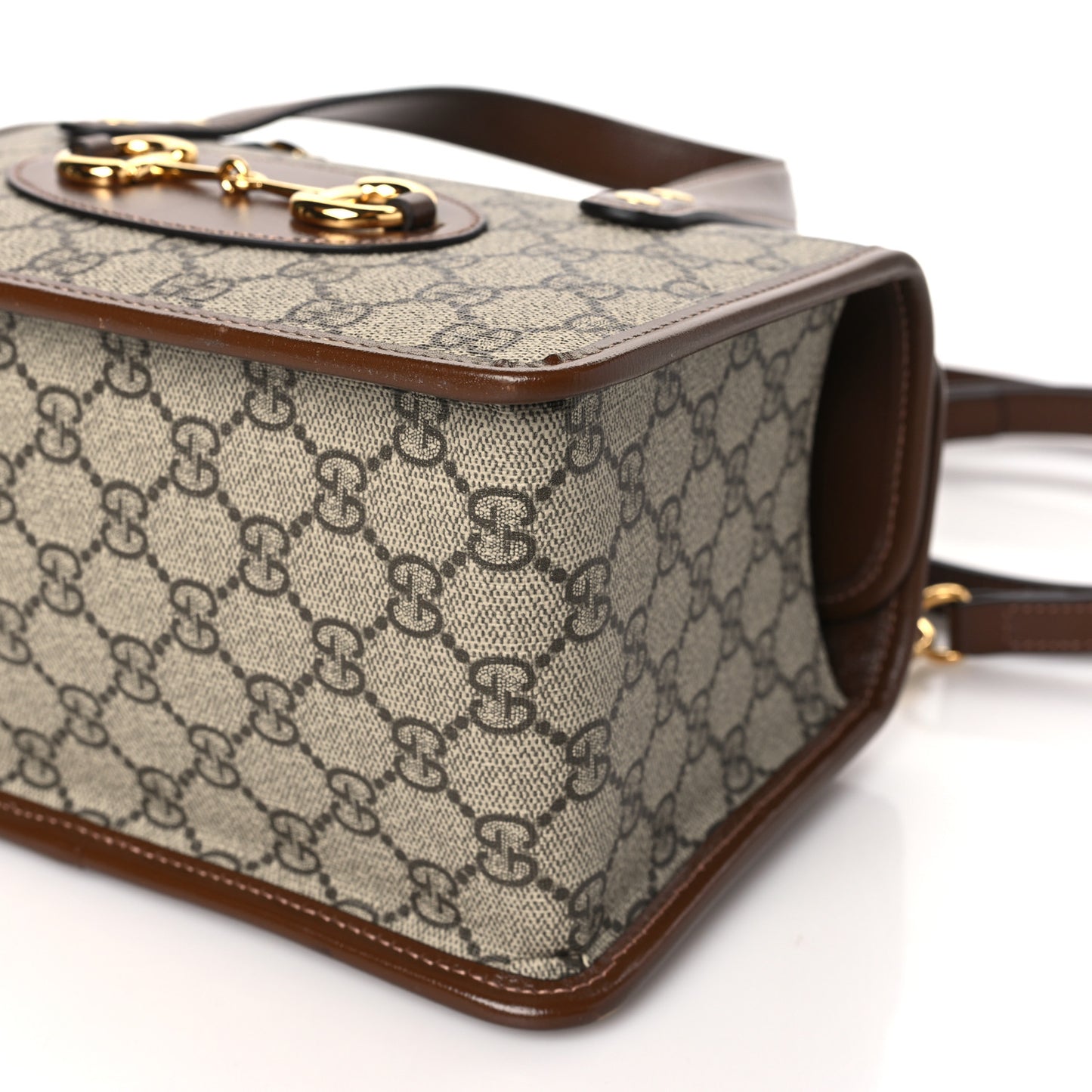 GG Supreme Monogram Azalea Calfskin Mini Horsebit 1955 Foldover Top Handle Bag Beige Ebony Brown Sugar