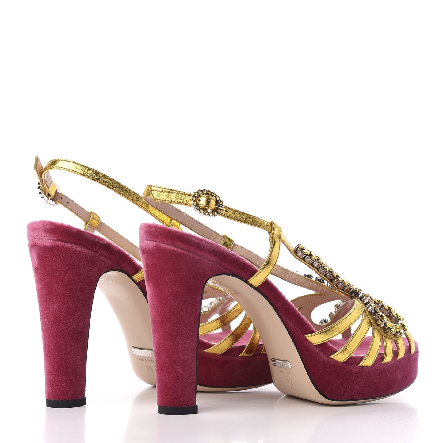 Velvet Nappa Crystal Zephyra Slingback Platform High Heel Sandals 39 Pink Gold
