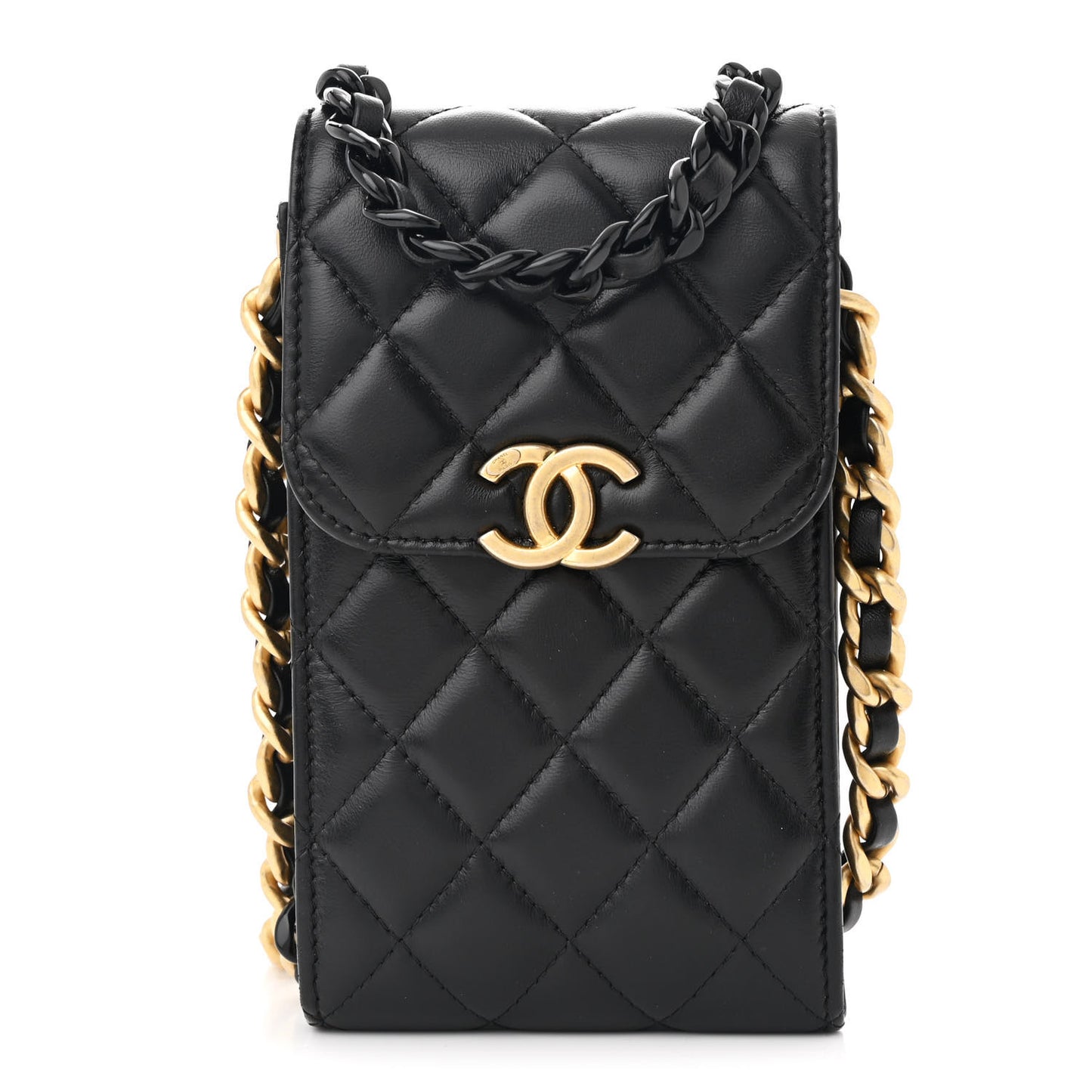 Lambskin Quilted Lacquered Chain Phone Holder With Chain Black