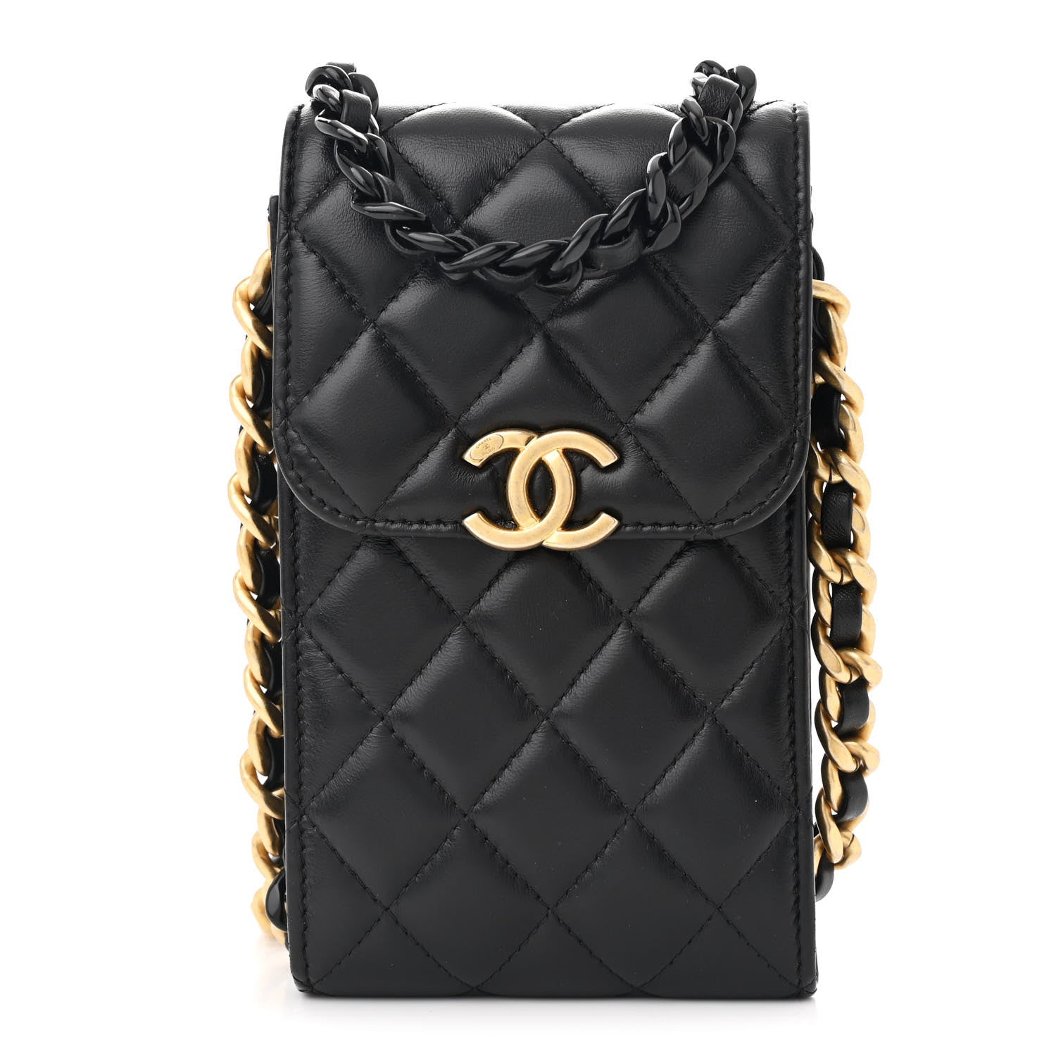 Chanel Lambskin Quilted Lacquered Chain Phone Holder With Chain Black 1 of 12
