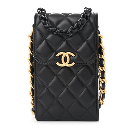 Chanel Lambskin Quilted Lacquered Chain Phone Holder With Chain Black 1 of 12