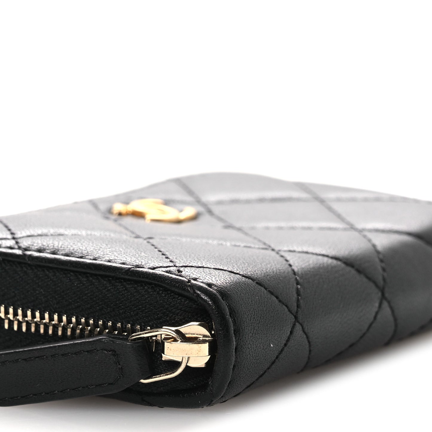 Lambskin Quilted CC Pearl Crush Zip Card Holder On Chain Black