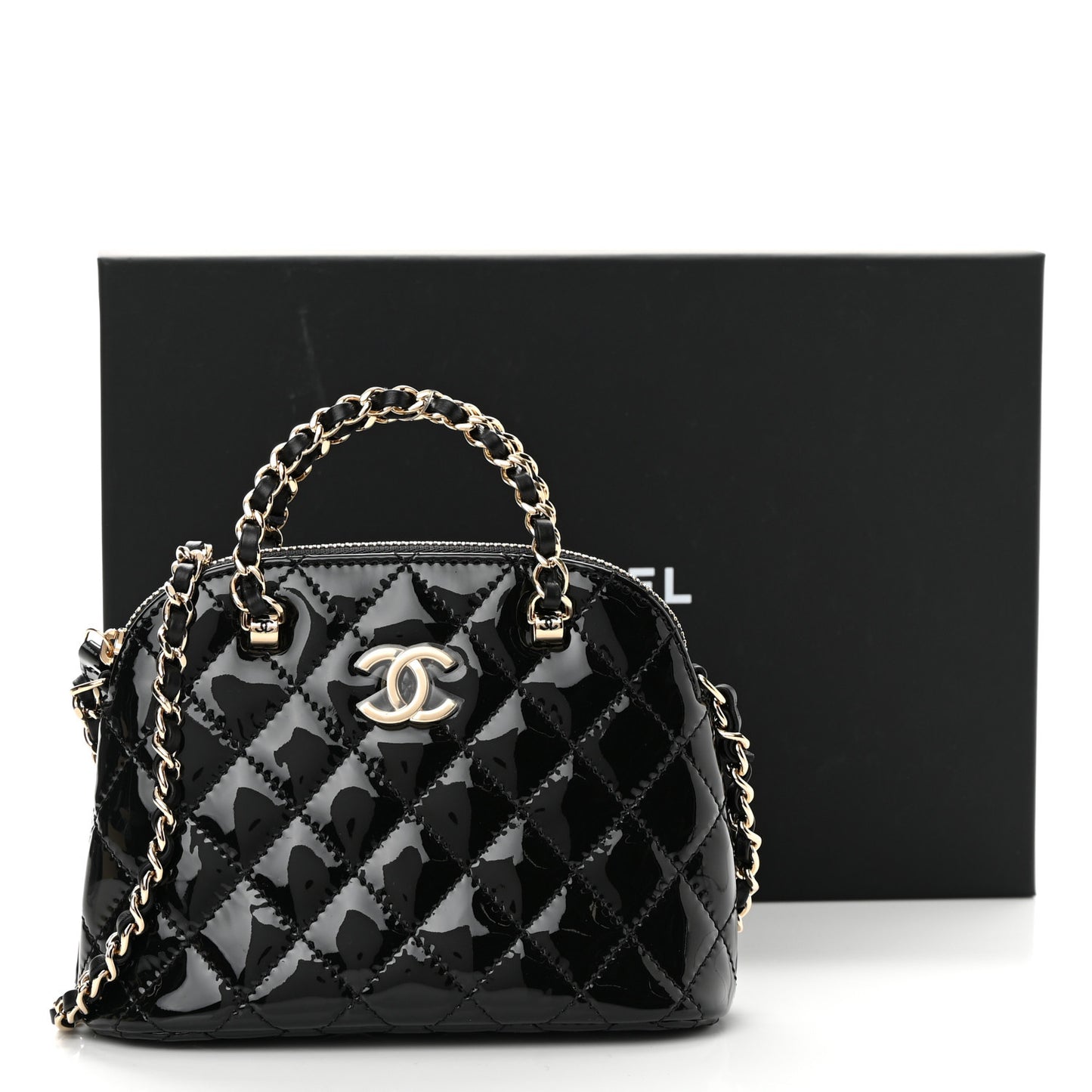 Patent Calfskin Quilted Shiny Coco Clutch With Chain Black