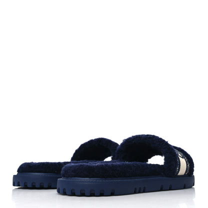 Christian Dior Shearling Canvas Embroidered Dway 10mm Slide Sandals 41 Deep Blue Natural 4 of 7