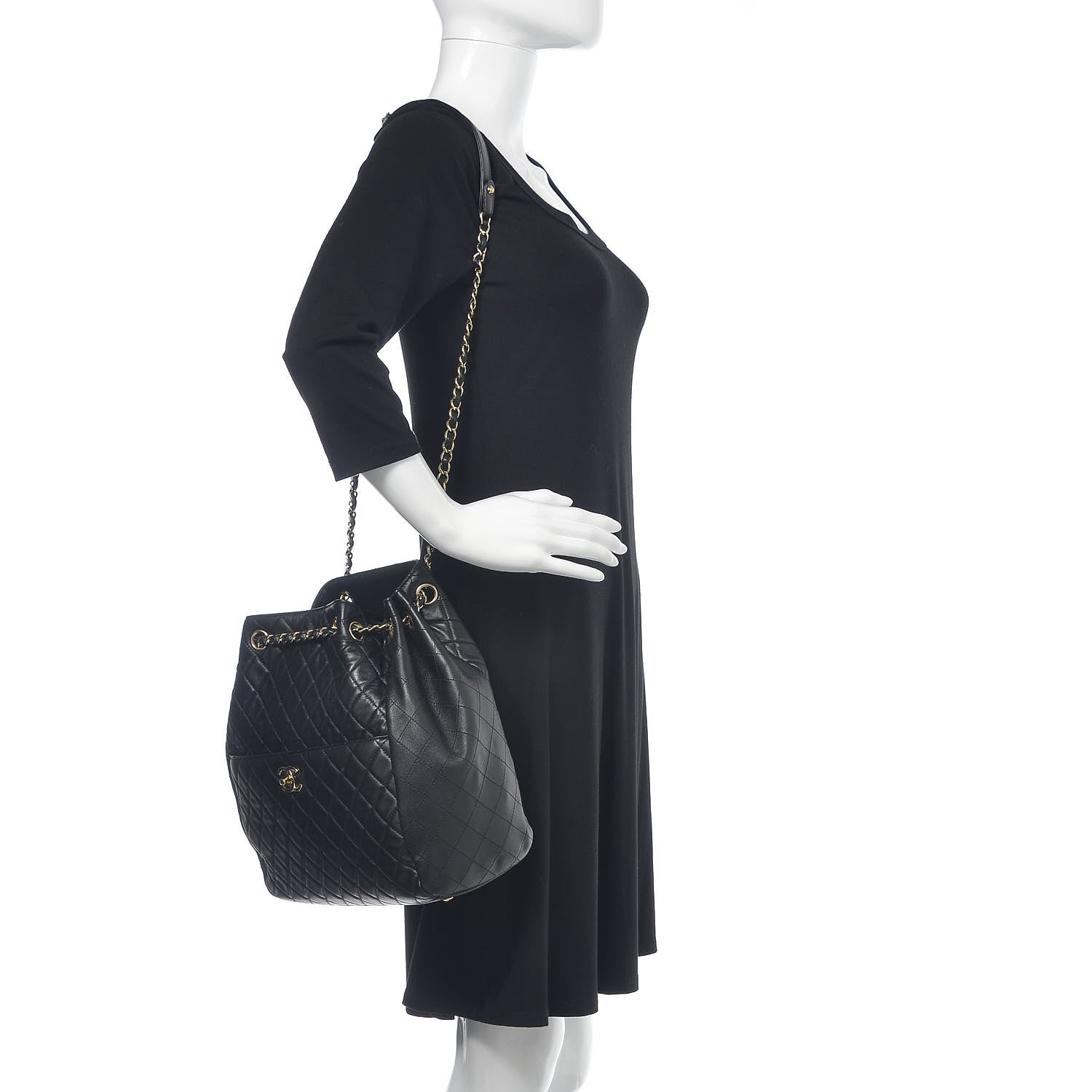Chanel Lambskin Quilted Large Drawstring Bag Black 2 of 13